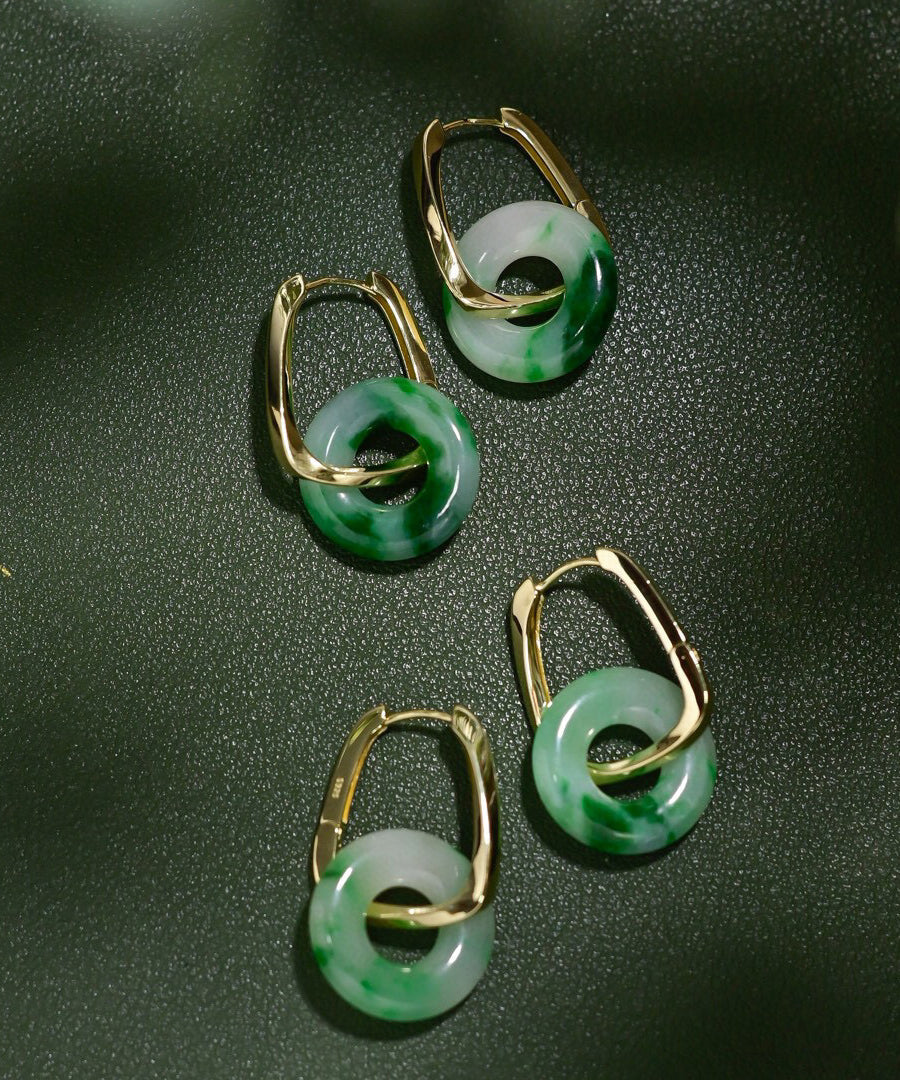 Green Silver Jade Hoop Earrings