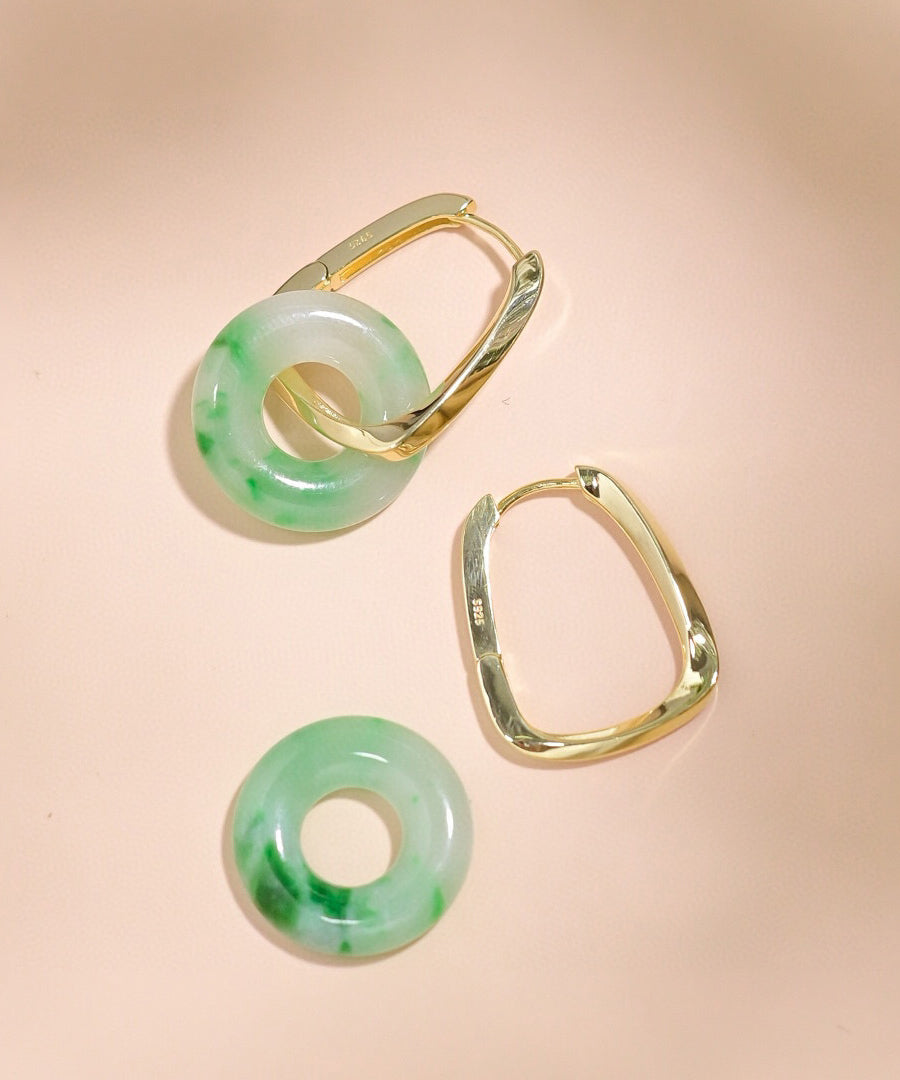 Green Silver Jade Hoop Earrings