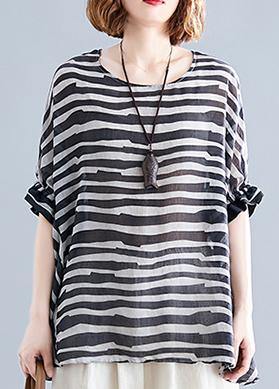 Chic black striped shirts for women with batwing sleeves and O-neck
