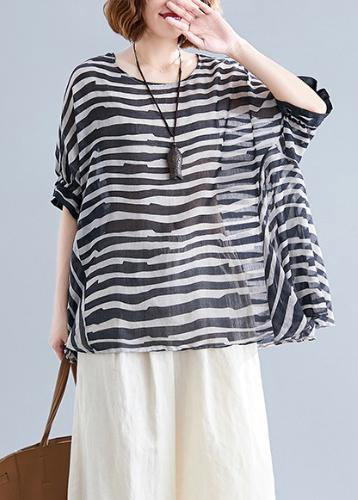 Chic black striped shirts for women with batwing sleeves and O-neck