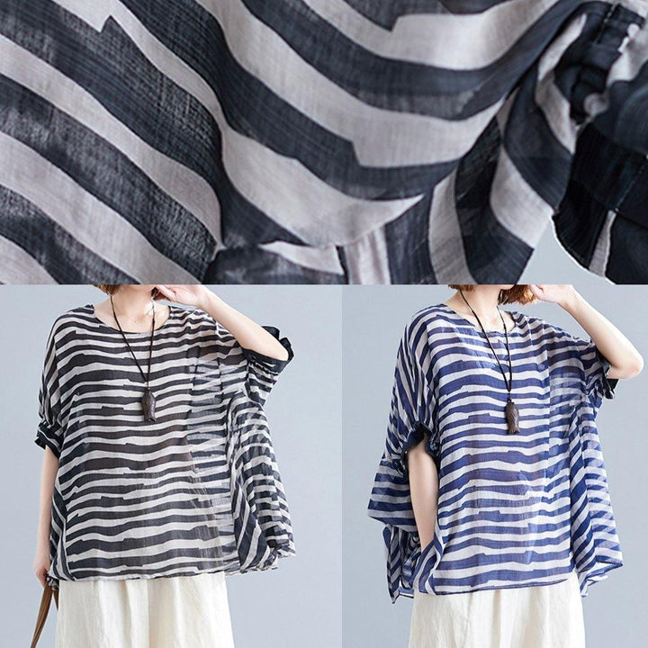 Chic black striped shirts for women with batwing sleeves and O-neck