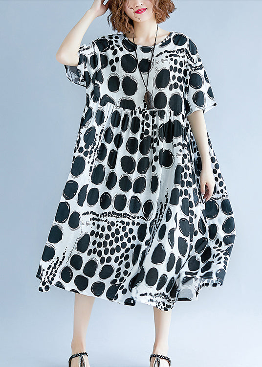 Chic O-Neck Clothing with Extra Large Hem Made of Cotton and Linen for Women, Runway, Black Polka Dot Dress, Summer