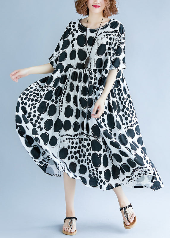 Chic O-Neck Clothing with Extra Large Hem Made of Cotton and Linen for Women, Runway, Black Polka Dot Dress, Summer