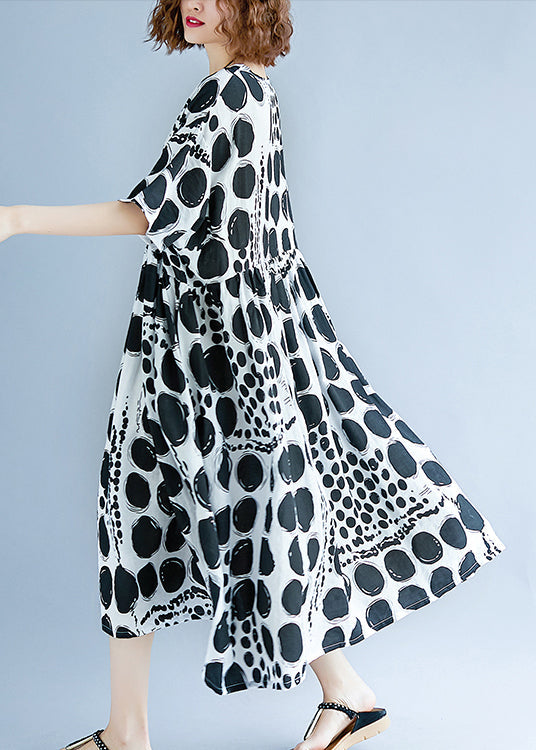 Chic O-Neck Clothing with Extra Large Hem Made of Cotton and Linen for Women, Runway, Black Polka Dot Dress, Summer