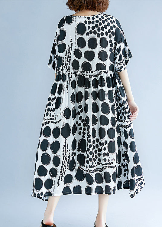Chic O-Neck Clothing with Extra Large Hem Made of Cotton and Linen for Women, Runway, Black Polka Dot Dress, Summer