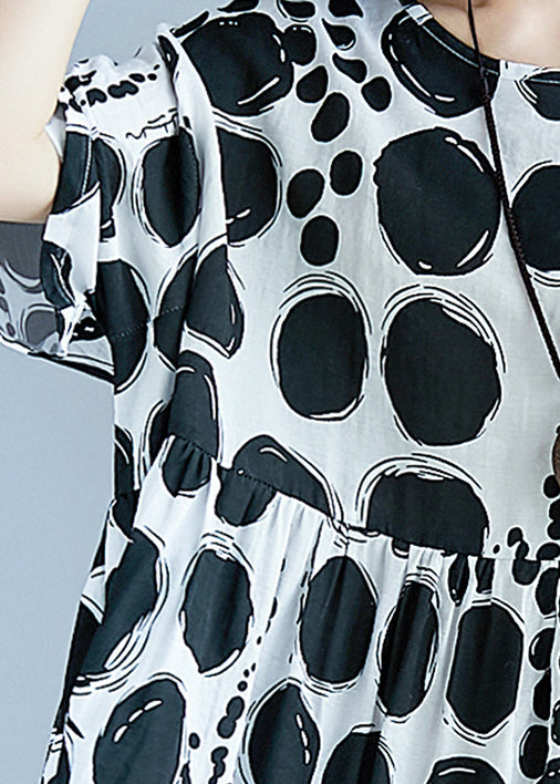 Chic O-Neck Clothing with Extra Large Hem Made of Cotton and Linen for Women, Runway, Black Polka Dot Dress, Summer
