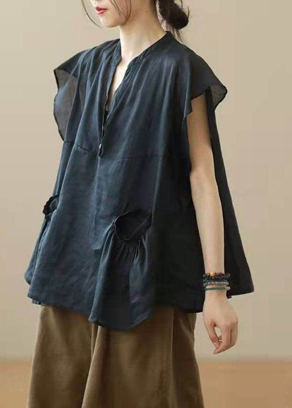 Chic Gray V-Neck Patchwork Autumn Shirt Top Short Sleeve