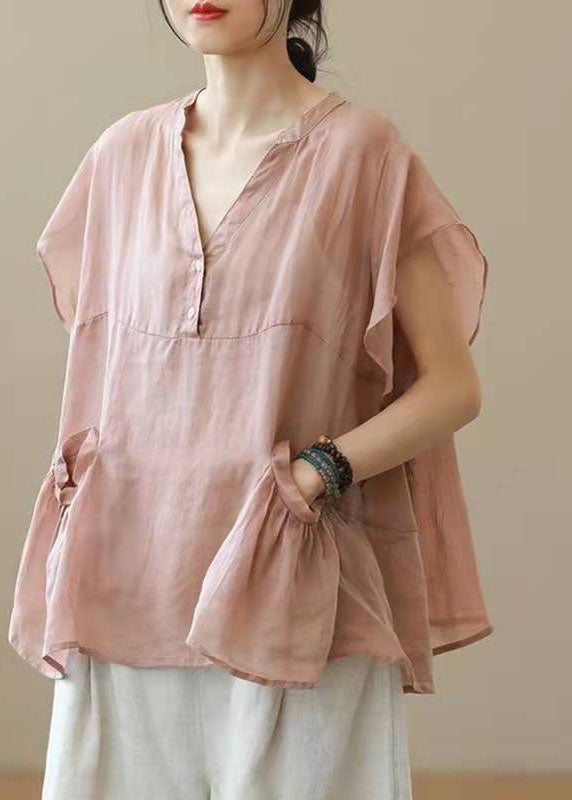 Chic Gray V-Neck Patchwork Autumn Shirt Top Short Sleeve