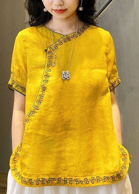 Yellow Embroidered Chinese Style Linen Top