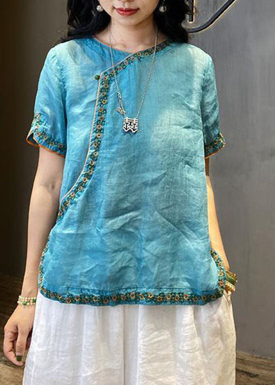 Yellow Embroidered Chinese Style Linen Top