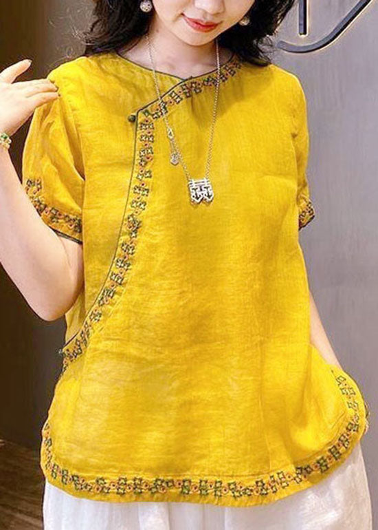 Yellow Embroidered Chinese Style Linen Top