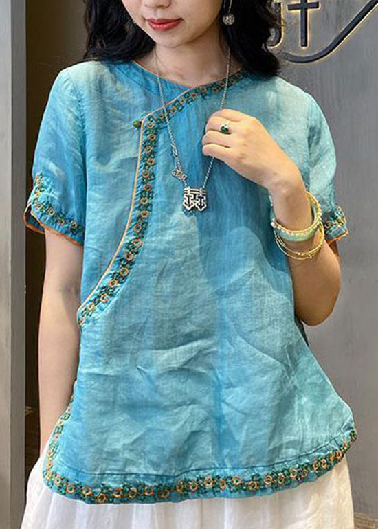 Yellow Embroidered Chinese Style Linen Top