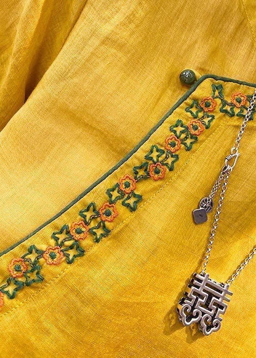 Yellow Embroidered Chinese Style Linen Top