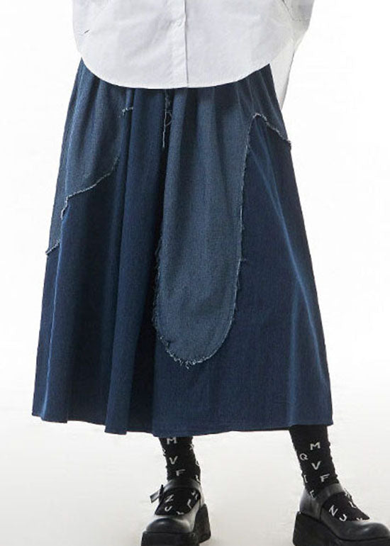 Blue Elastic Waist Patchwork Denim Skirt