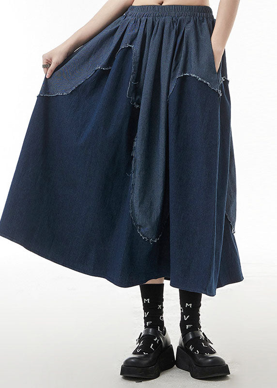 Blue Elastic Waist Patchwork Denim Skirt