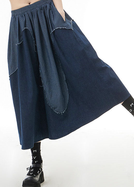 Blue Elastic Waist Patchwork Denim Skirt