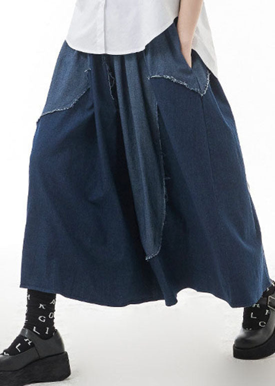 Blue Elastic Waist Patchwork Denim Skirt