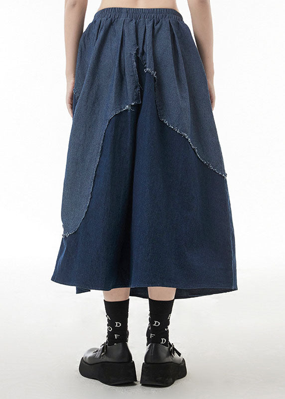 Blue Elastic Waist Patchwork Denim Skirt