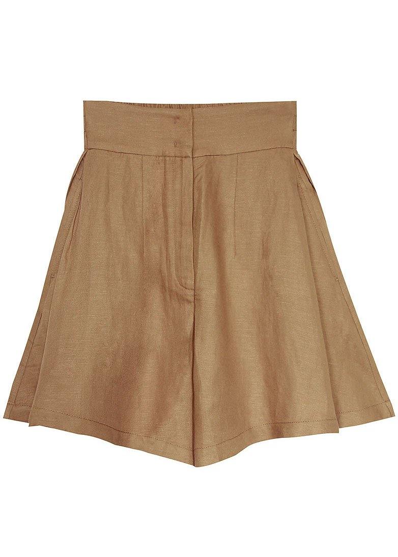 Elegant brown linen pants with high waist pockets and wide leg