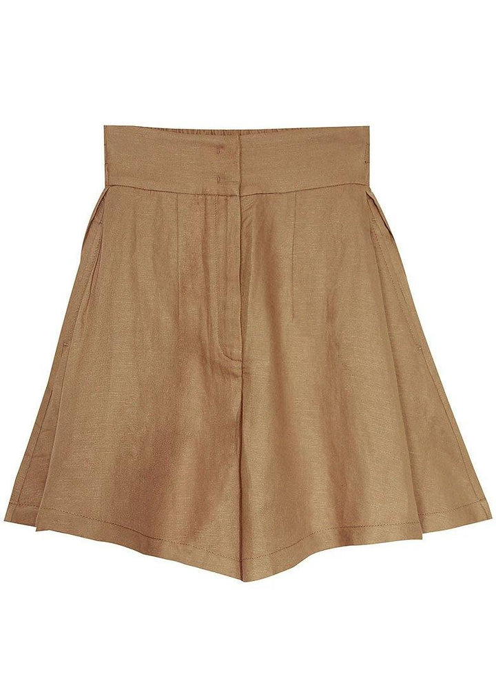 Elegant brown linen pants with high waist pockets and wide leg