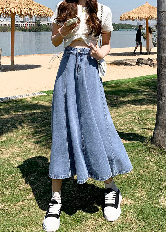 Classic Denim Light Blue Patchwork Button Cotton High Waist A-Line Skirts Summer