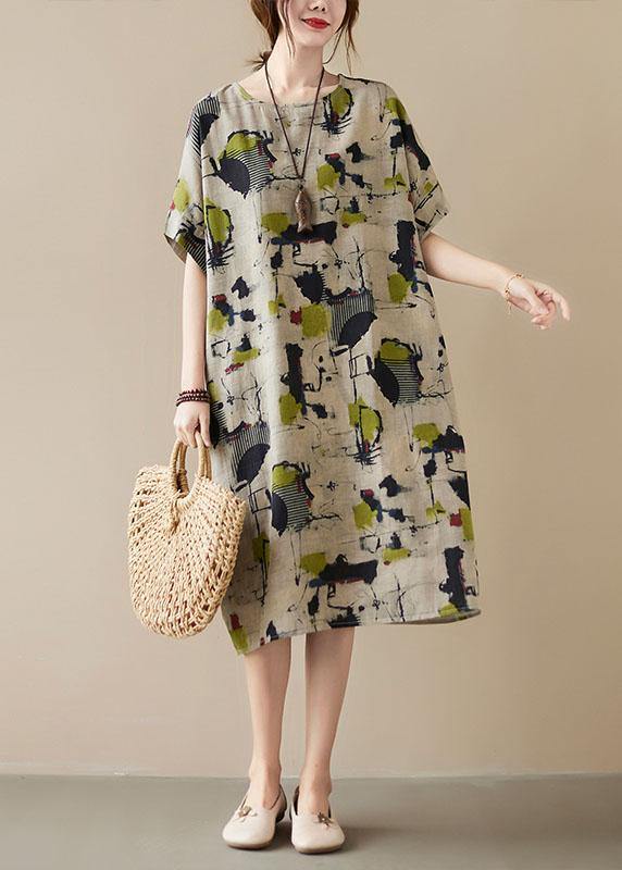 Khaki Print O-Neck Pocket Maxi Dress