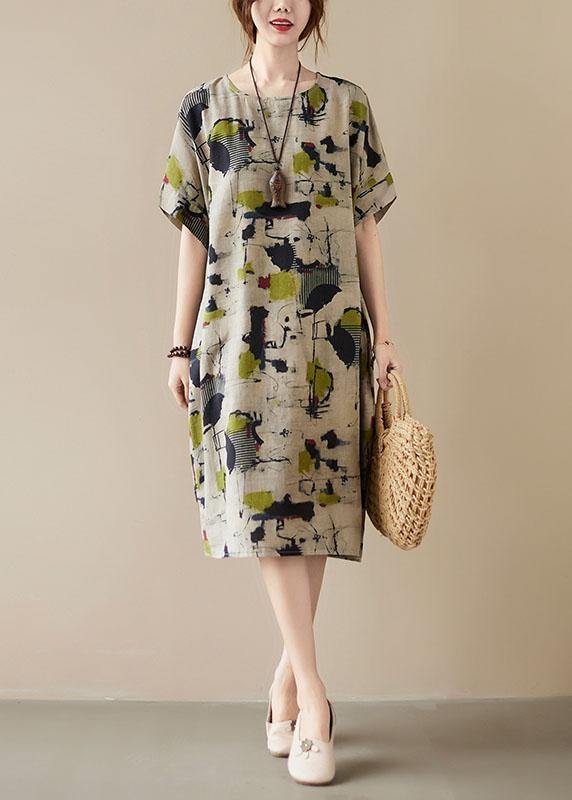 Khaki Print O-Neck Pocket Maxi Dress