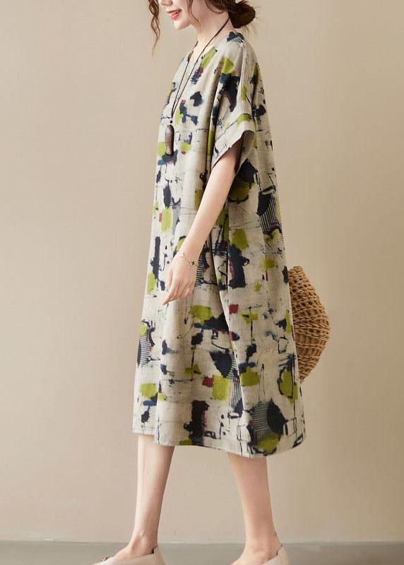 Khaki Print O-Neck Pocket Maxi Dress