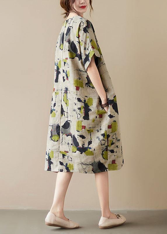 Khaki Print O-Neck Pocket Maxi Dress