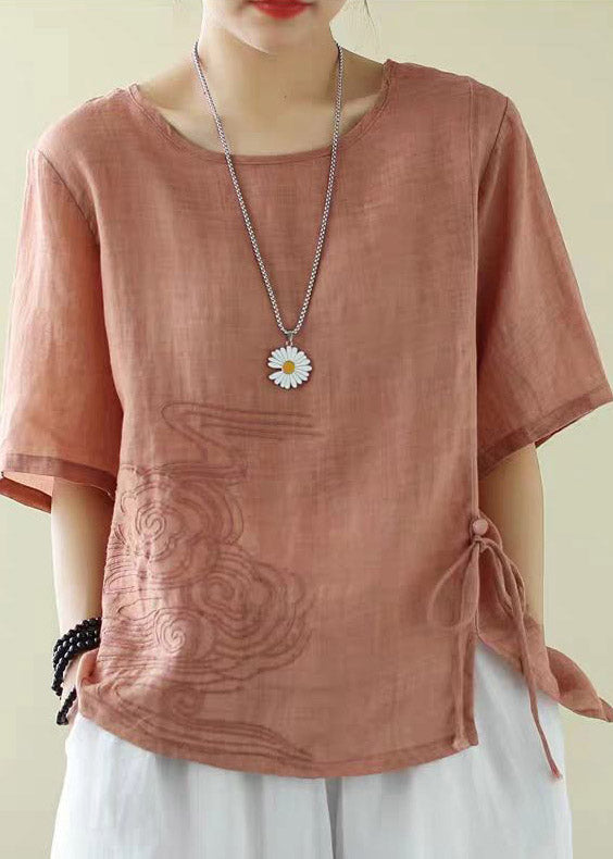 Elegant Orange O-Neck Embroidered Drawstring Design with Low-High Cotton Top and Short Sleeves
