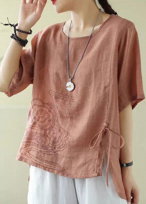 Elegant Orange O-Neck Embroidered Drawstring Design with Low-High Cotton Top and Short Sleeves