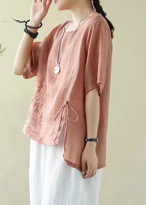Elegant Orange O-Neck Embroidered Drawstring Design with Low-High Cotton Top and Short Sleeves