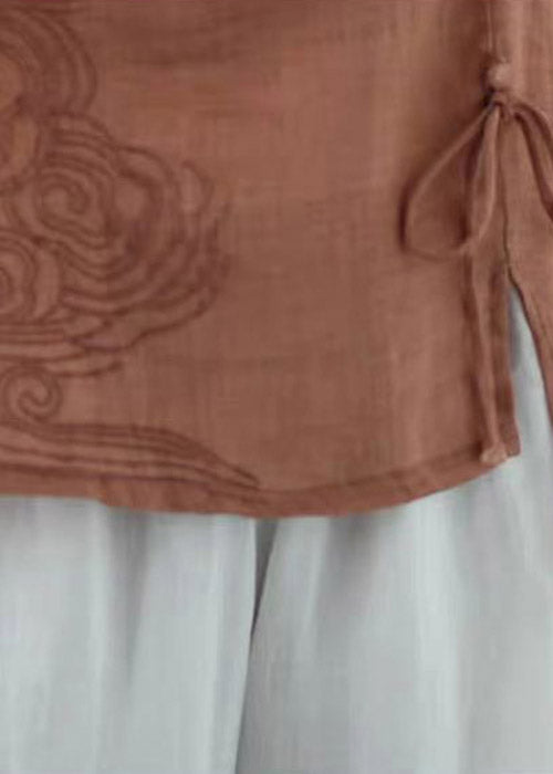 Elegant Orange O-Neck Embroidered Drawstring Design with Low-High Cotton Top and Short Sleeves