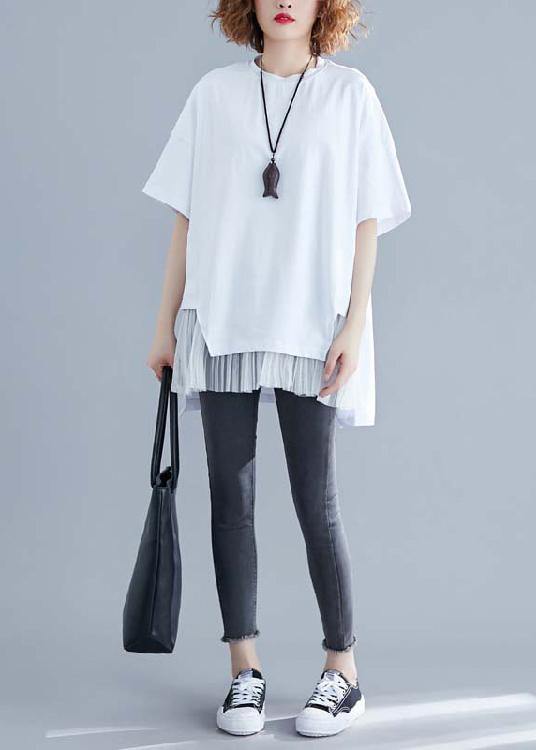 Elegant White Linen Top Silhouette Inspiration Patchwork Summer Blouse with O-Neck