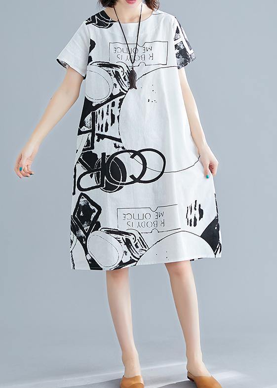 Elegant white printed linen dress with O-neck, short sleeve shift summer dress