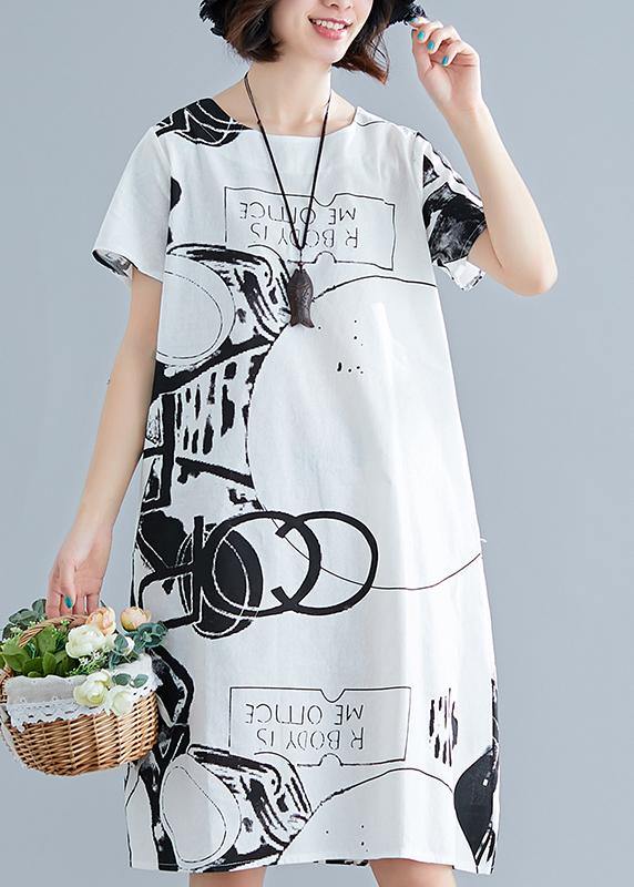 Elegant white printed linen dress with O-neck, short sleeve shift summer dress