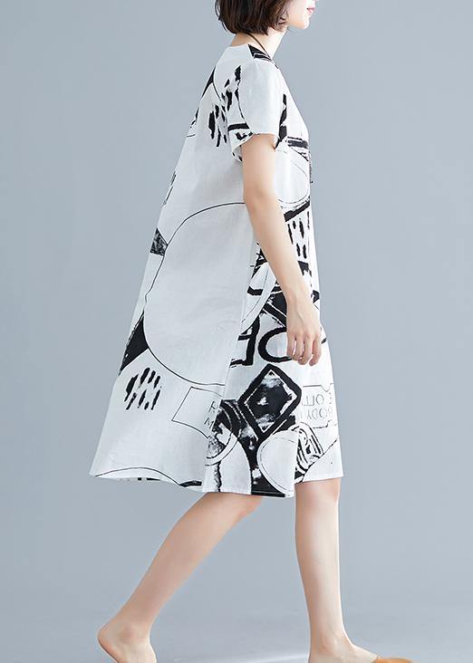 Elegant white printed linen dress with O-neck, short sleeve shift summer dress