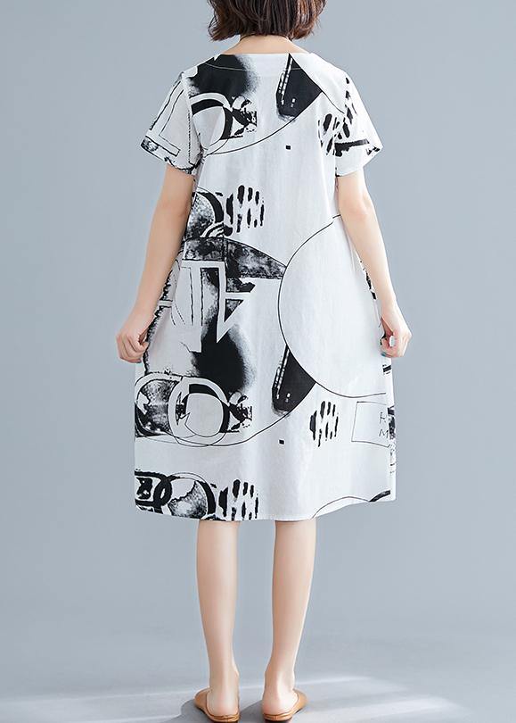 Elegant white printed linen dress with O-neck, short sleeve shift summer dress