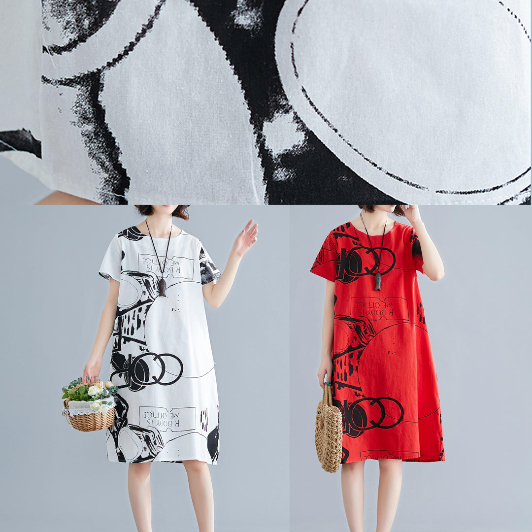 Elegant white printed linen dress with O-neck, short sleeve shift summer dress
