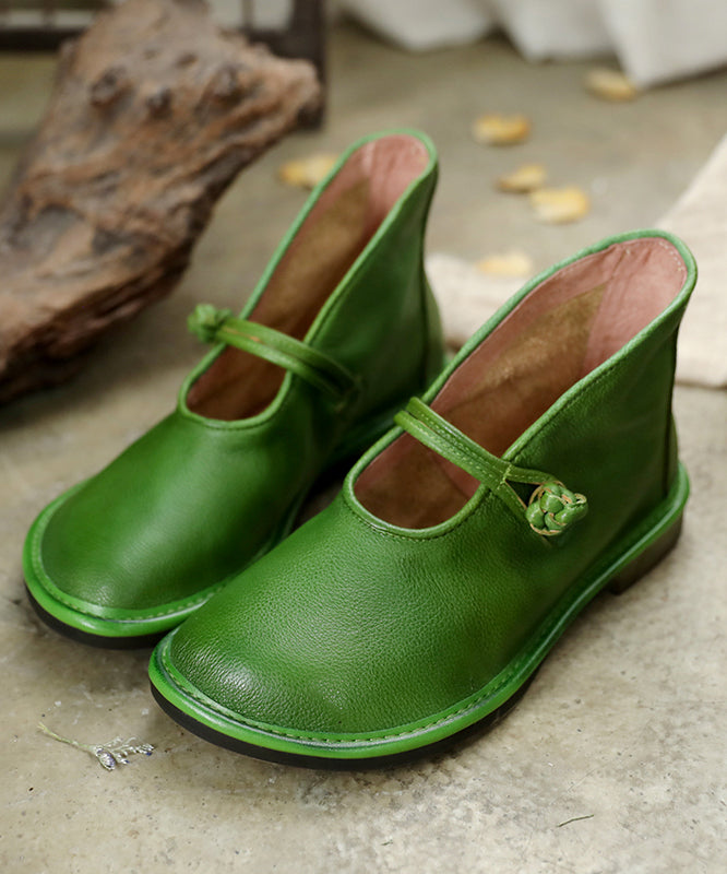 Comfortable, sturdy, green, flat feet, flat shoes made of cowhide leather with upper buckle strap