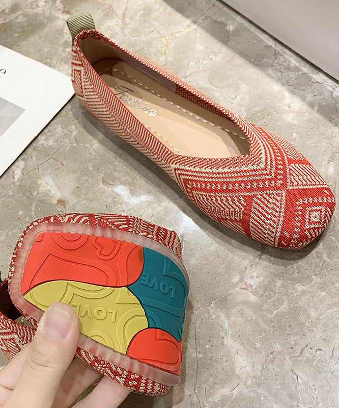 Comfortable, flat shoes, red knit fabric, flat shoes with boutique print for women
