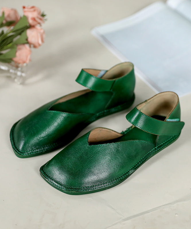 Comfortable green flat shoes made of cowhide leather with buckle straps