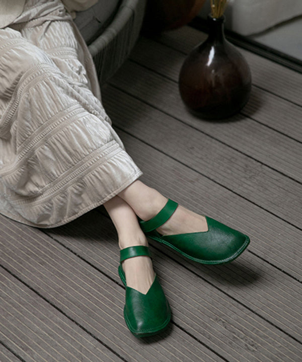 Comfortable green flat shoes made of cowhide leather with buckle straps