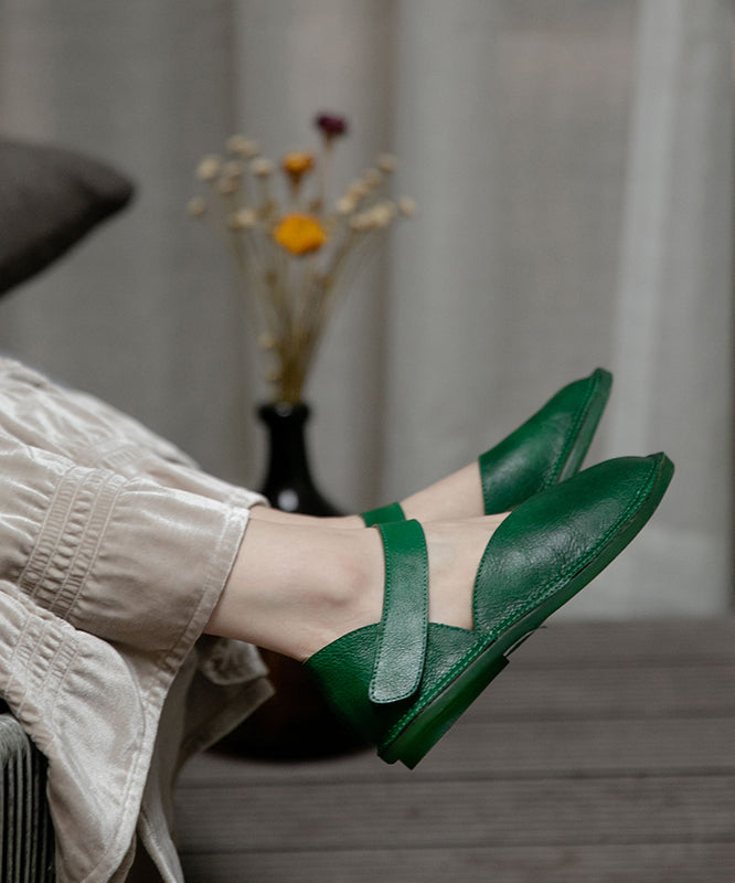 Comfortable green flat shoes made of cowhide leather with buckle straps