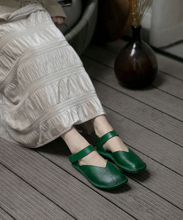 Comfortable green flat shoes made of cowhide leather with buckle straps