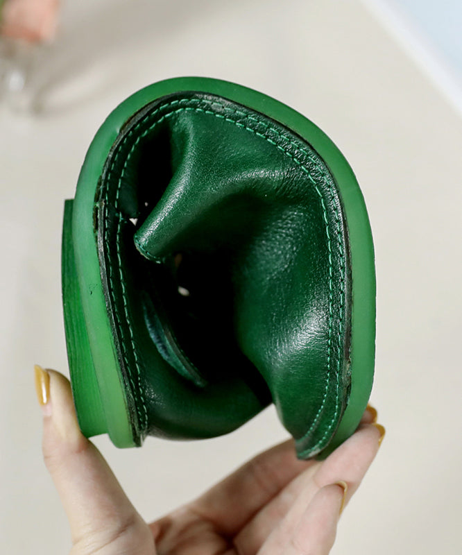 Comfortable green flat shoes made of cowhide leather with buckle straps