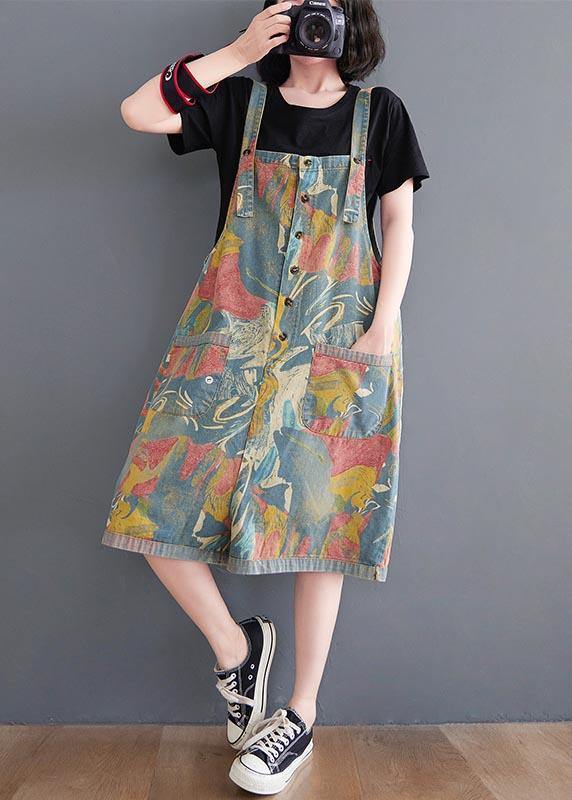 Comfortable Light Blue Print Pocket Overalls Shorts Summer