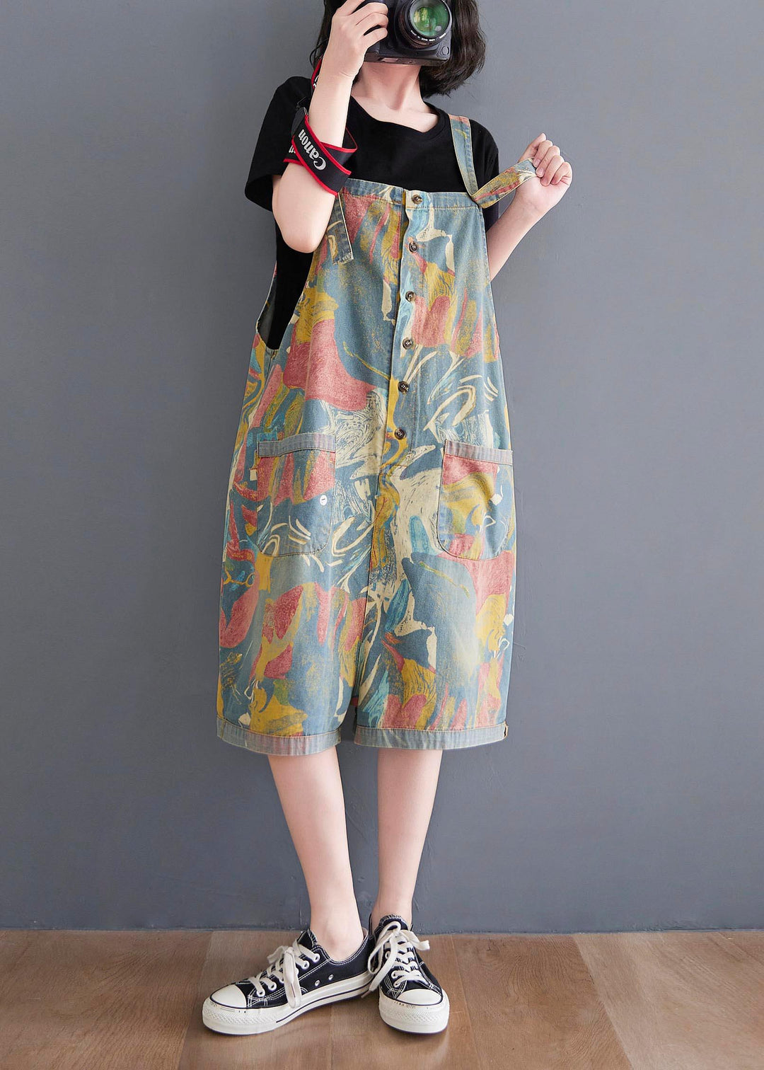 Comfortable Light Blue Print Pocket Overalls Shorts Summer