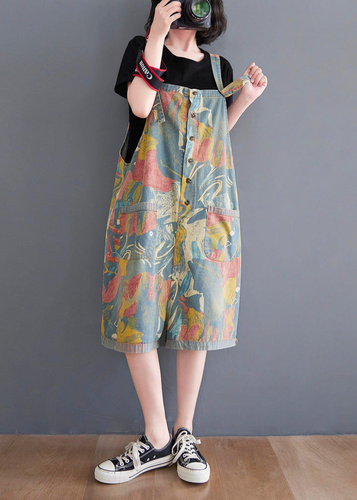 Comfortable Light Blue Print Pocket Overalls Shorts Summer
