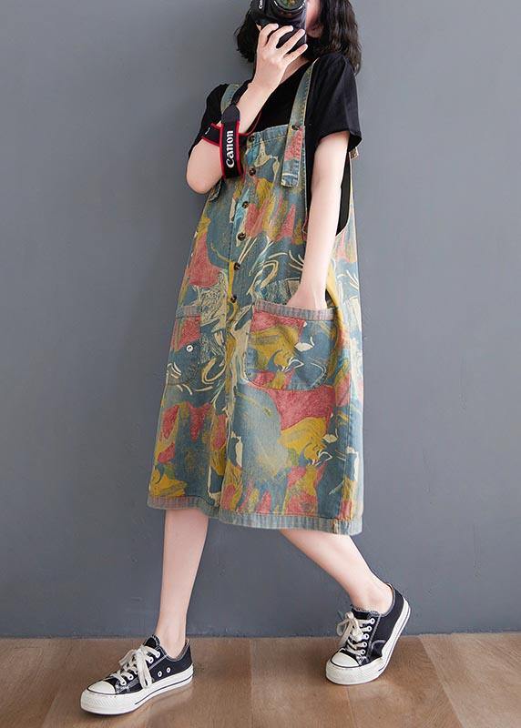 Comfortable Light Blue Print Pocket Overalls Shorts Summer